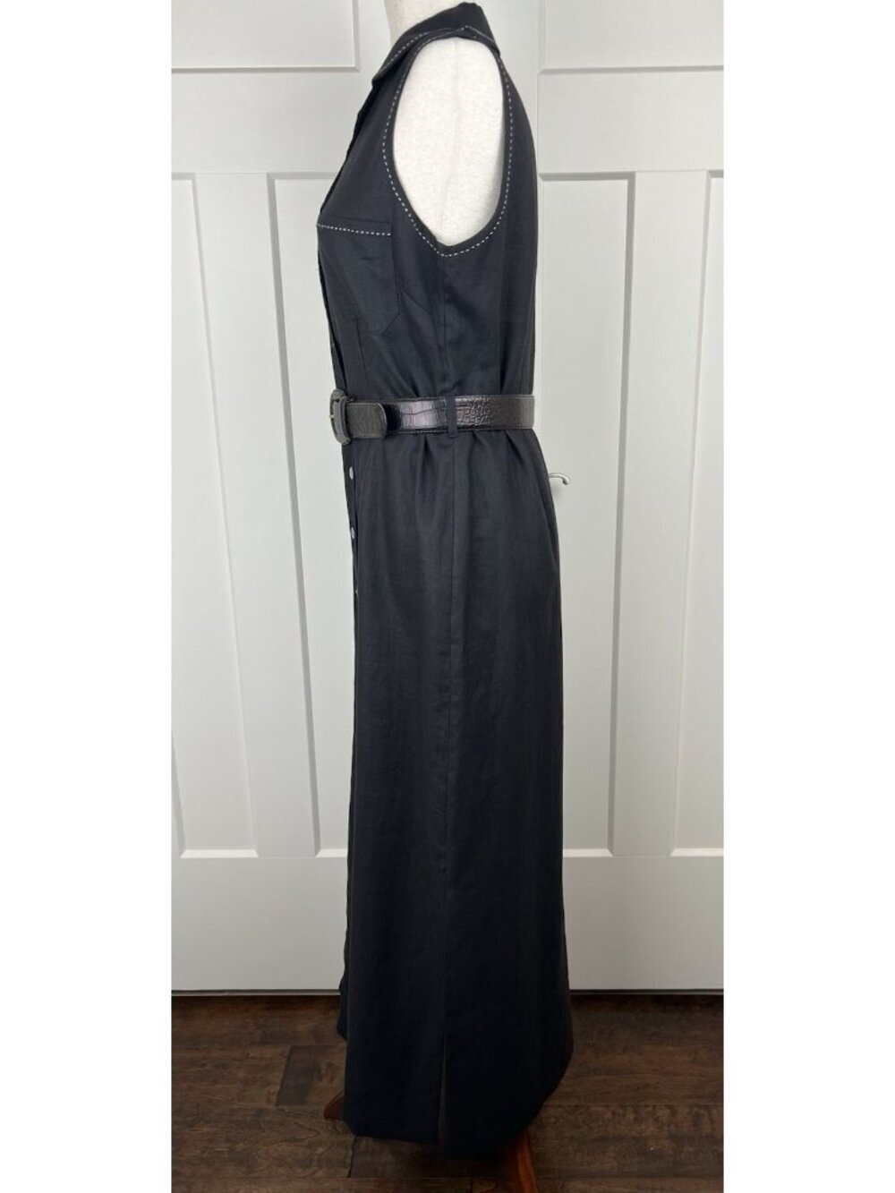 Vintage Harold’s Linen Shirt Dress Black Ivory Stitch Belted Midi Size 6 Sleek - Picture 5 of 16